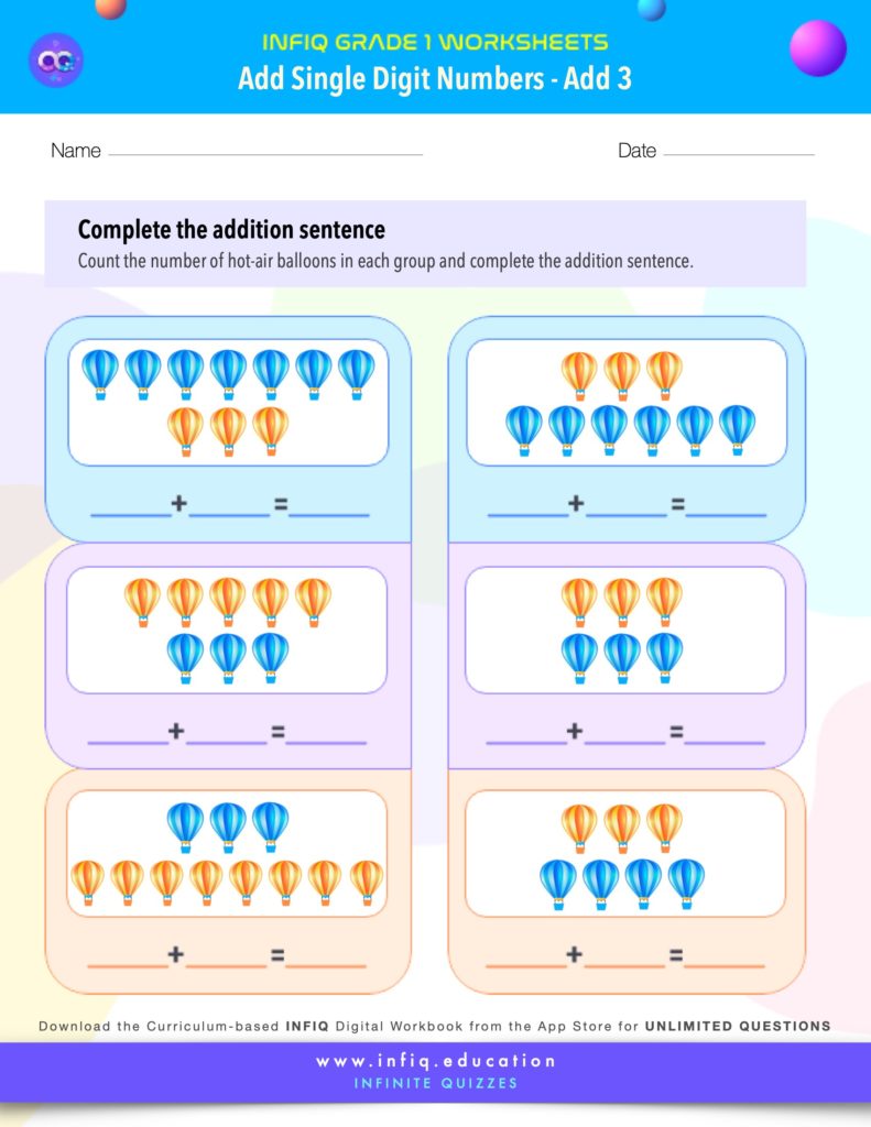 Grade 1 Math Worksheets - Add Single Digit Numbers - Add 3