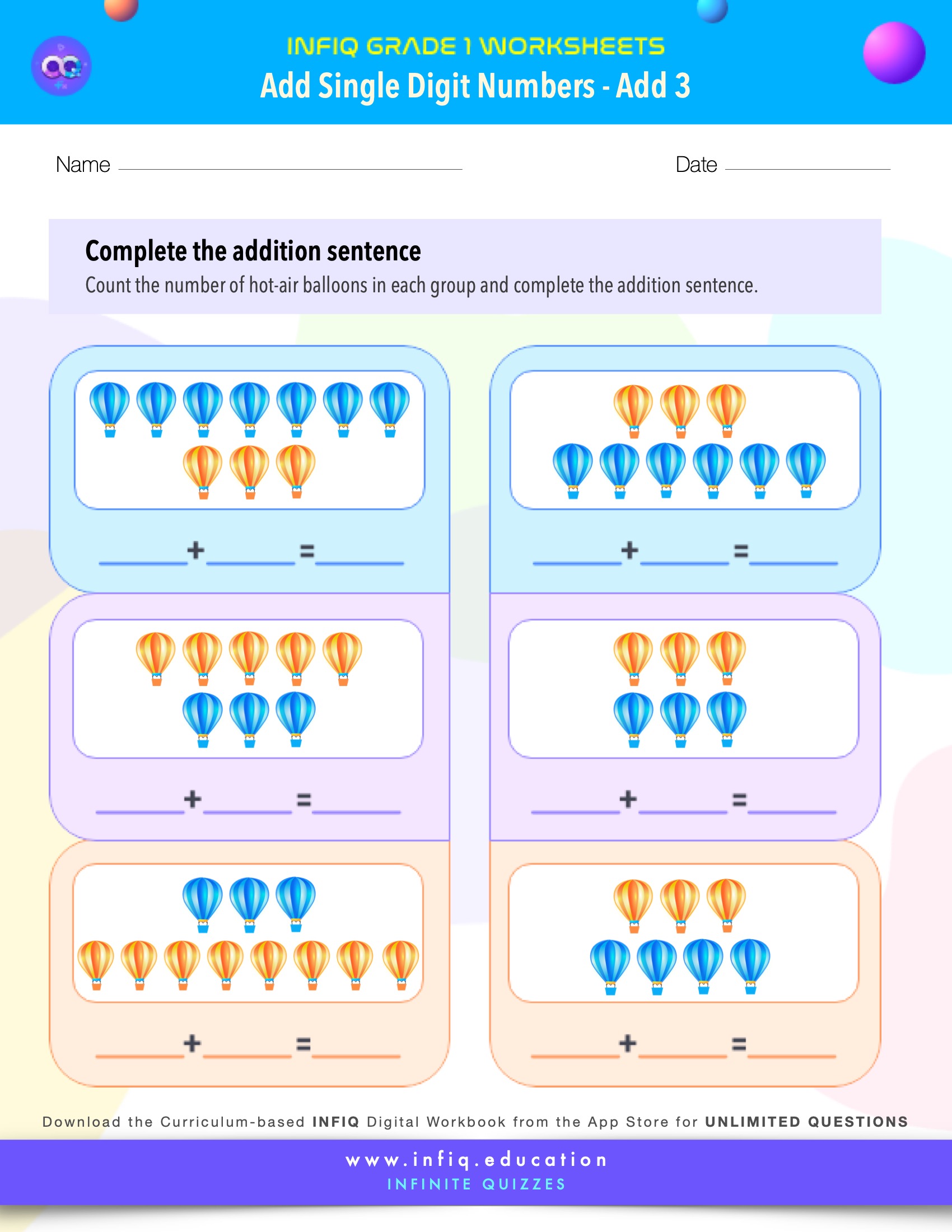 Grade 1 Math Worksheets - Add Single Digit Numbers - Add 3