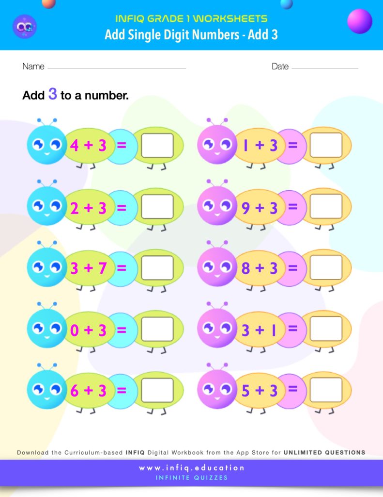 Grade 1 Math Worksheets - Add Single Digit Numbers - Add 3