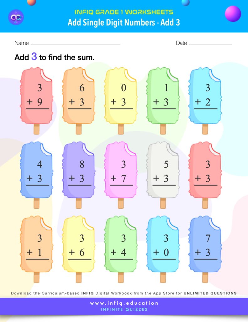 Grade 1 Math Worksheets - Add Single Digit Numbers - Add 3