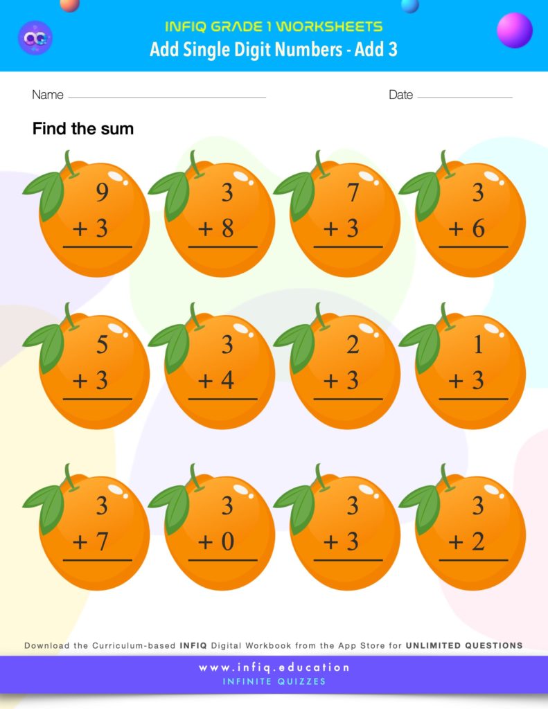 Grade 1 Math Worksheets - Add Single Digit Numbers - Add 3