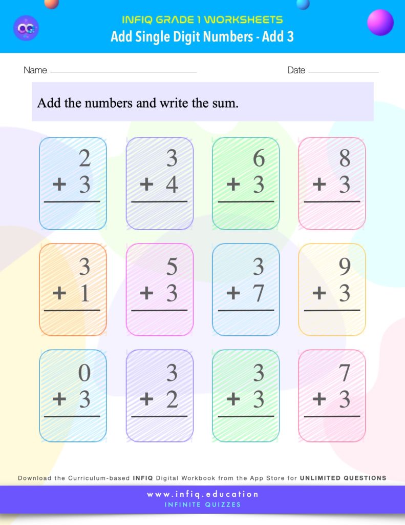 Grade 1 Math Worksheets - Add Single Digit Numbers - Add 3