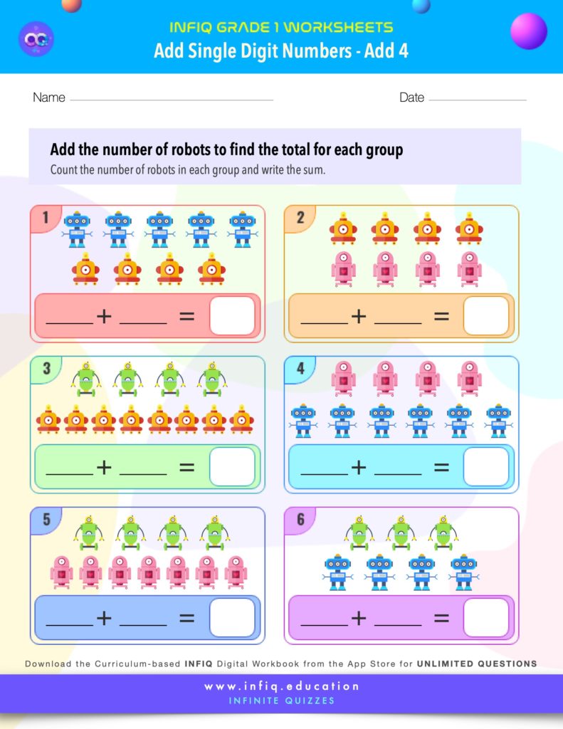 Grade 1 Math Worksheets - Add Single Digit Numbers - Add 4