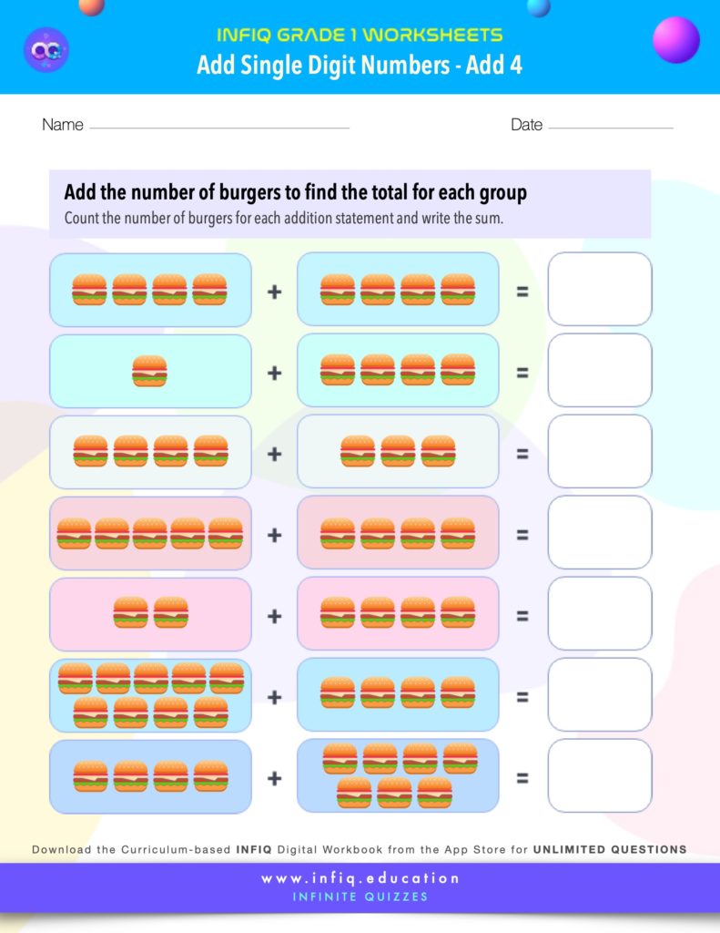 Grade 1 Math Worksheets - Add Single Digit Numbers - Add 4