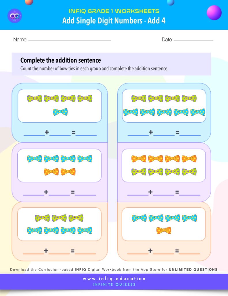 Grade 1 Math Worksheets - Add Single Digit Numbers - Add 4