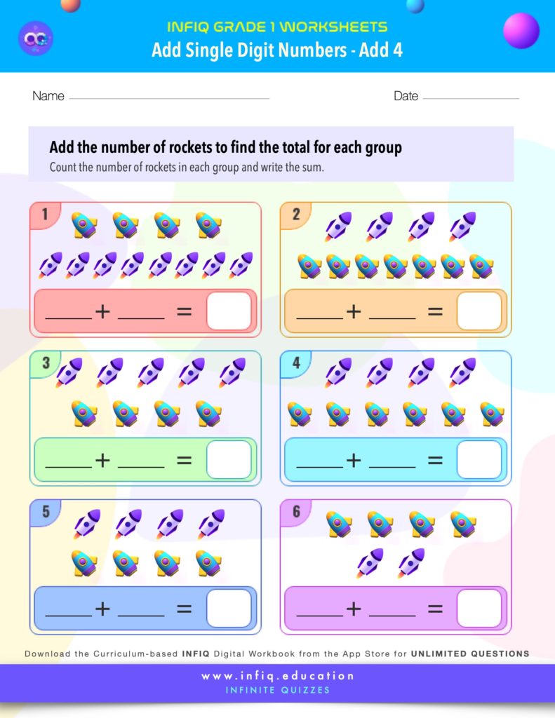 Grade 1 Math Worksheets - Add Single Digit Numbers - Add 4
