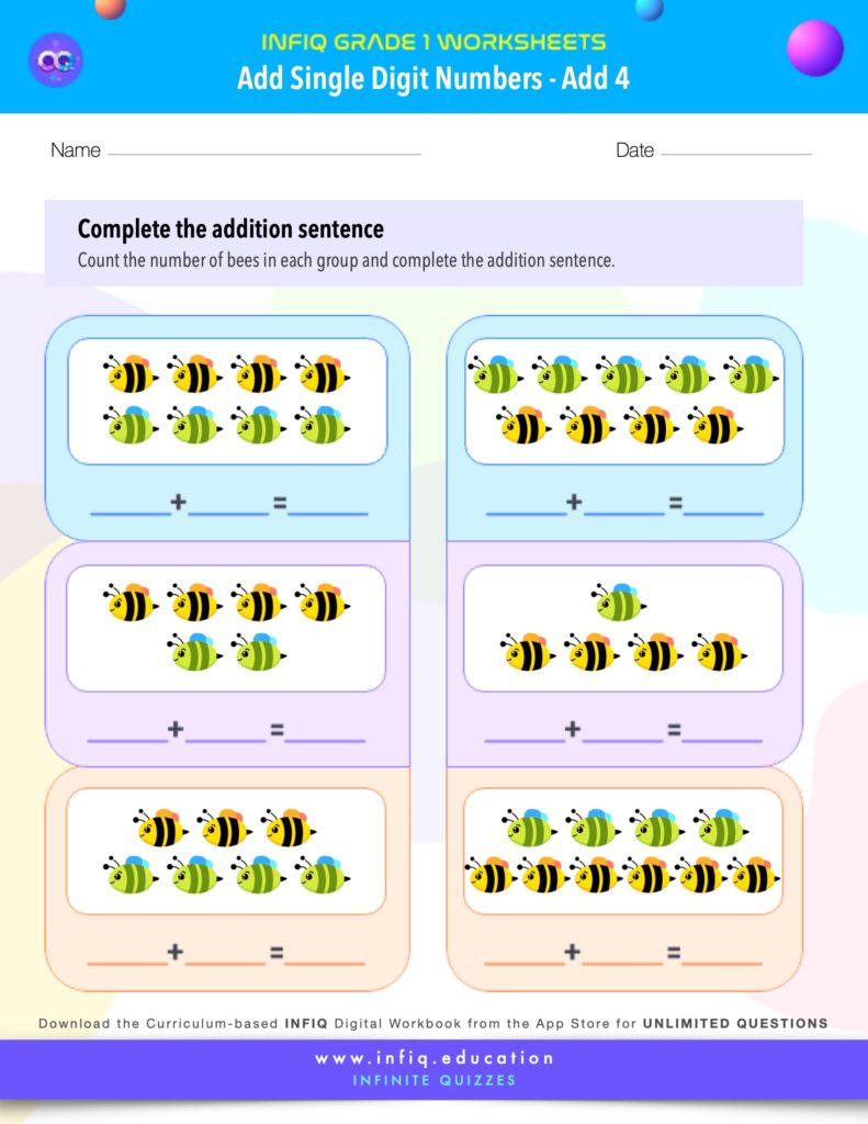 Grade 1 Math Worksheets - Add Single Digit Numbers - Add 4