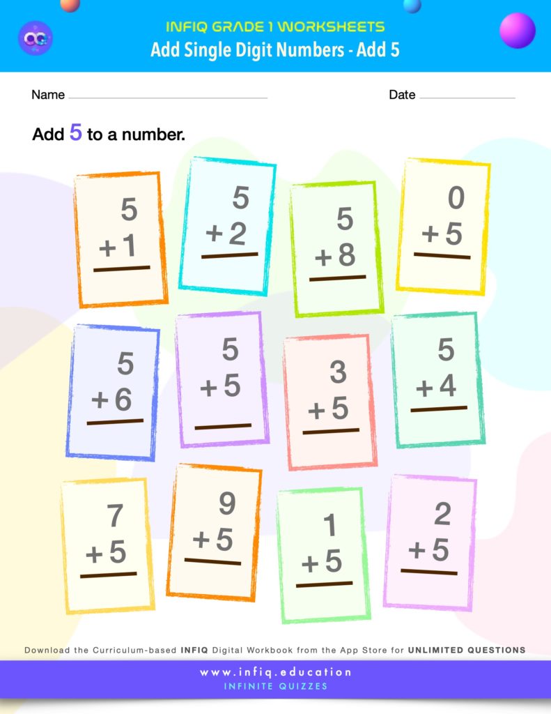Grade 1 Math Worksheets - Add Single Digit Numbers - Add 5