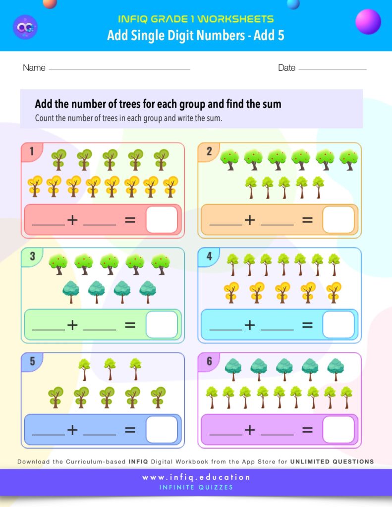 Grade 1 Math Worksheets - Add Single Digit Numbers - Add 5