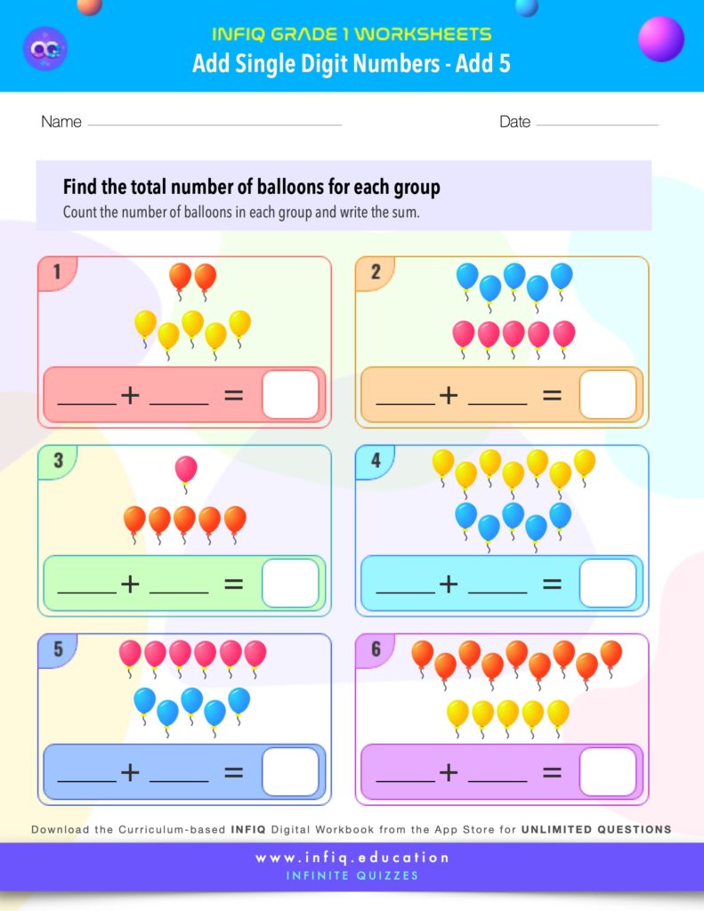 Grade 1 Math Worksheets - Add Single Digit Numbers - Add 5