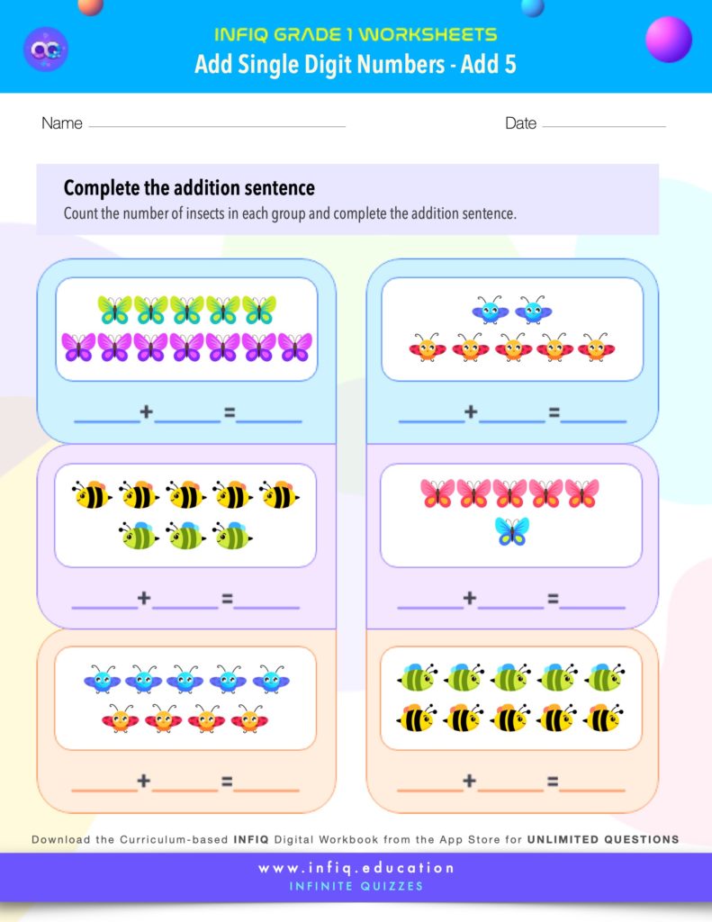 Grade 1 Math Worksheets - Add Single Digit Numbers - Add 5