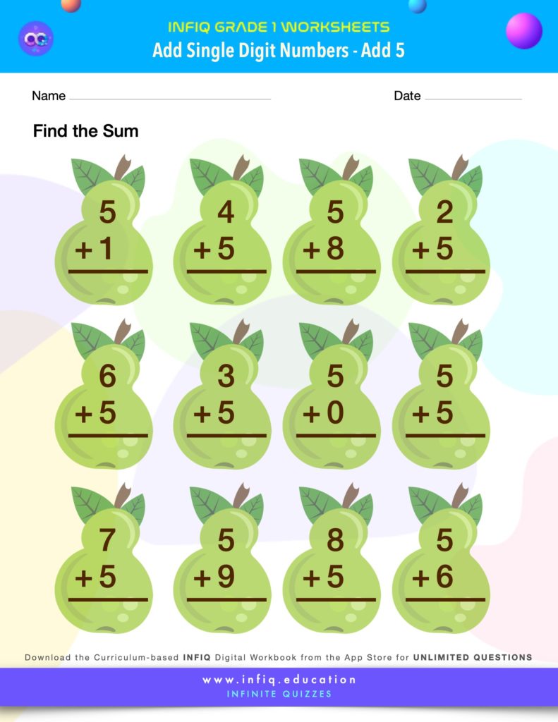 Grade 1 Math Worksheets - Add Single Digit Numbers - Add 5