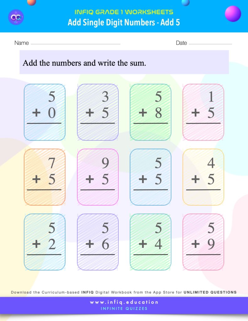 Grade 1 Math Worksheets - Add Single Digit Numbers - Add 5