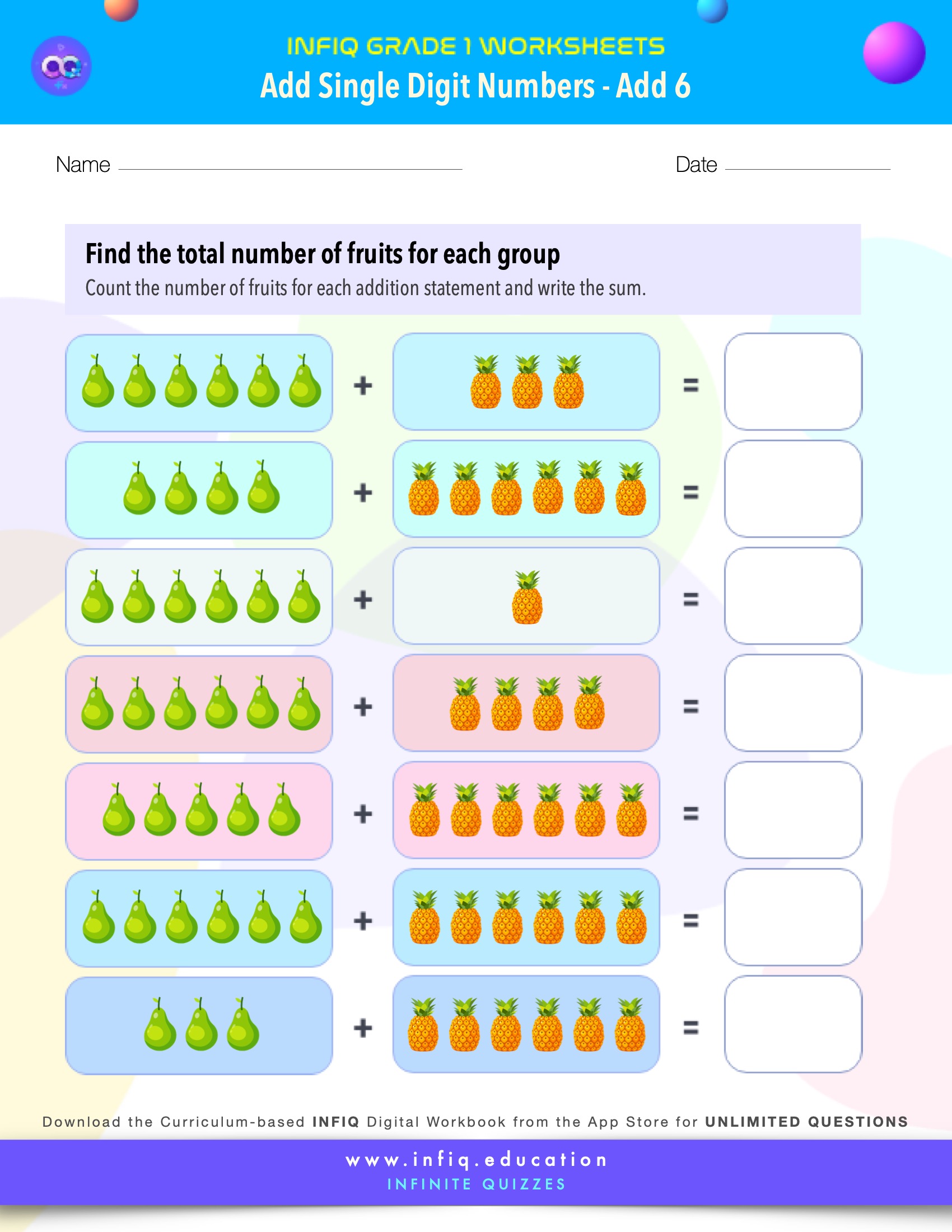 Grade 1 Math Worksheets - Add Single Digit Numbers - Add 6