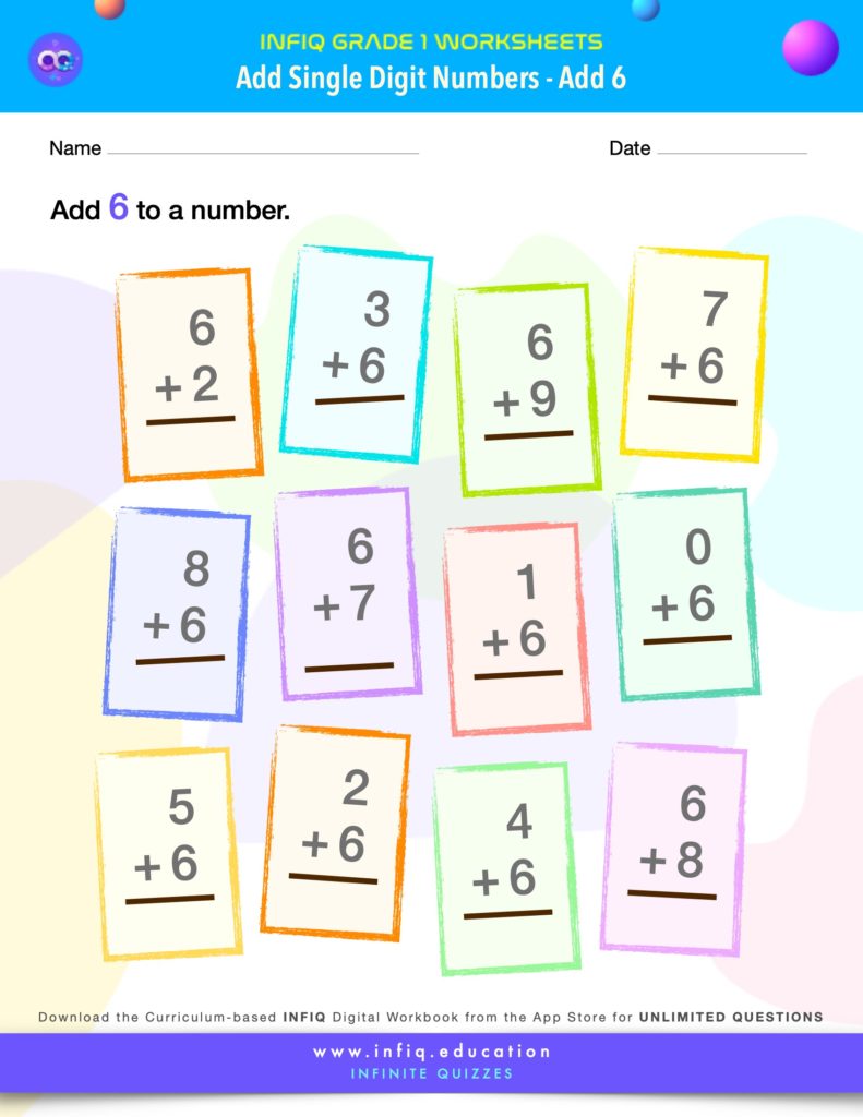 Grade 1 Math Worksheets - Add Single Digit Numbers - Add 6