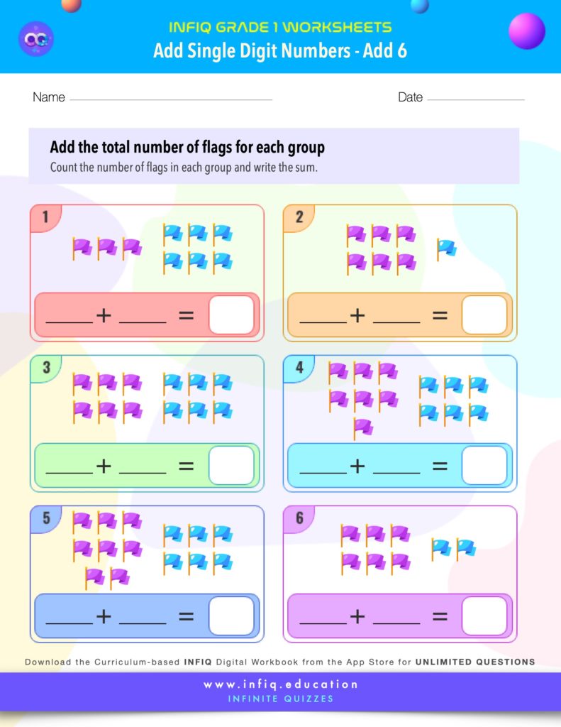 Grade 1 Math Worksheets - Add Single Digit Numbers - Add 6