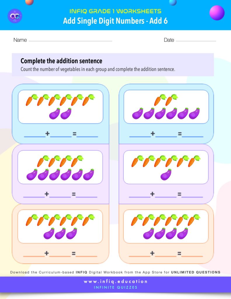 Grade 1 Math Worksheets - Add Single Digit Numbers - Add 6