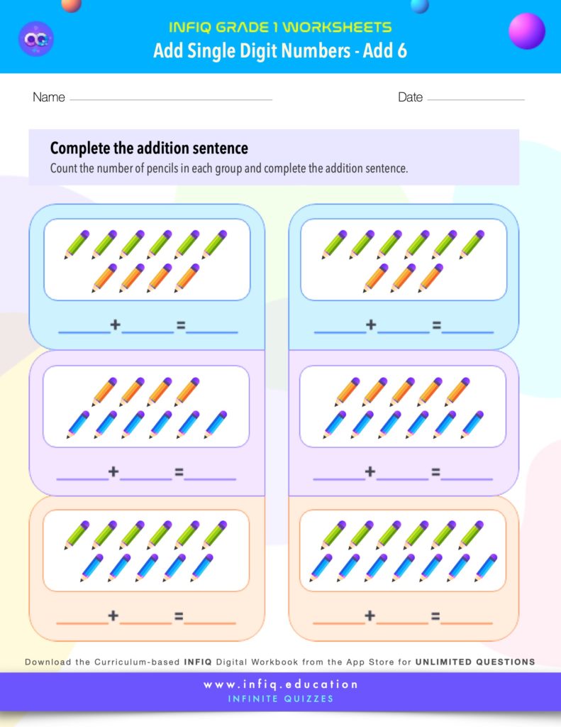 Grade 1 Math Worksheets - Add Single Digit Numbers - Add 6