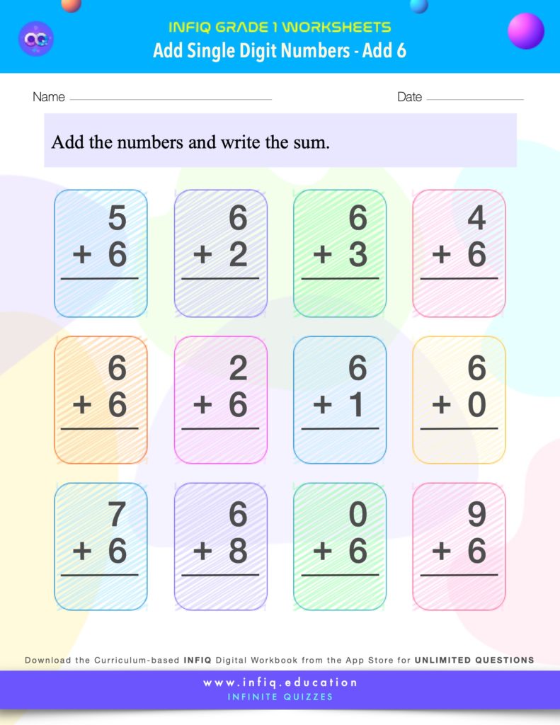Grade 1 Math Worksheets - Add Single Digit Numbers - Add 6