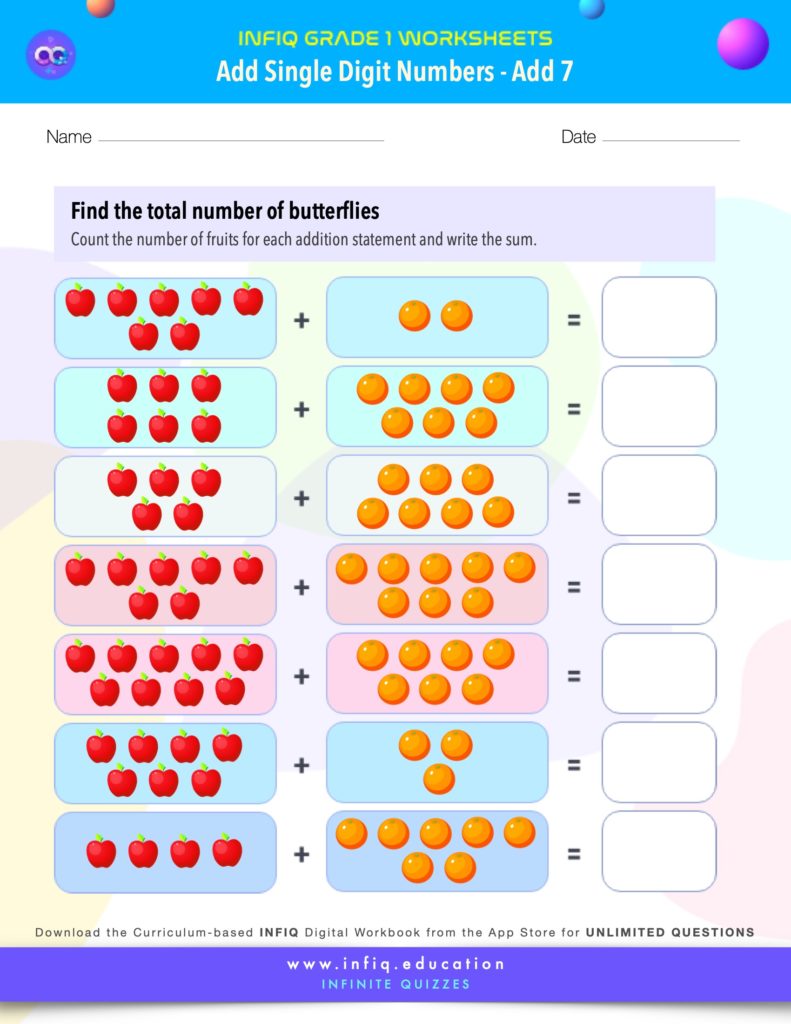Grade 1 Math Worksheets - Add Single Digit Numbers - Add 7