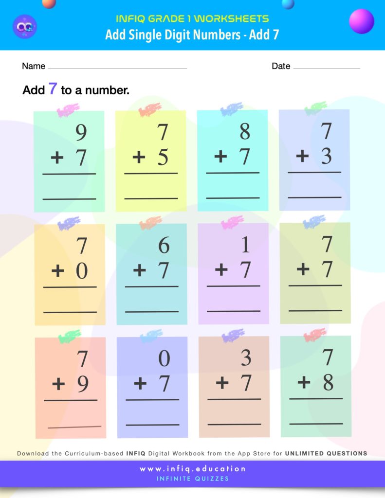 Grade 1 Math Worksheets - Add Single Digit Numbers - Add 7