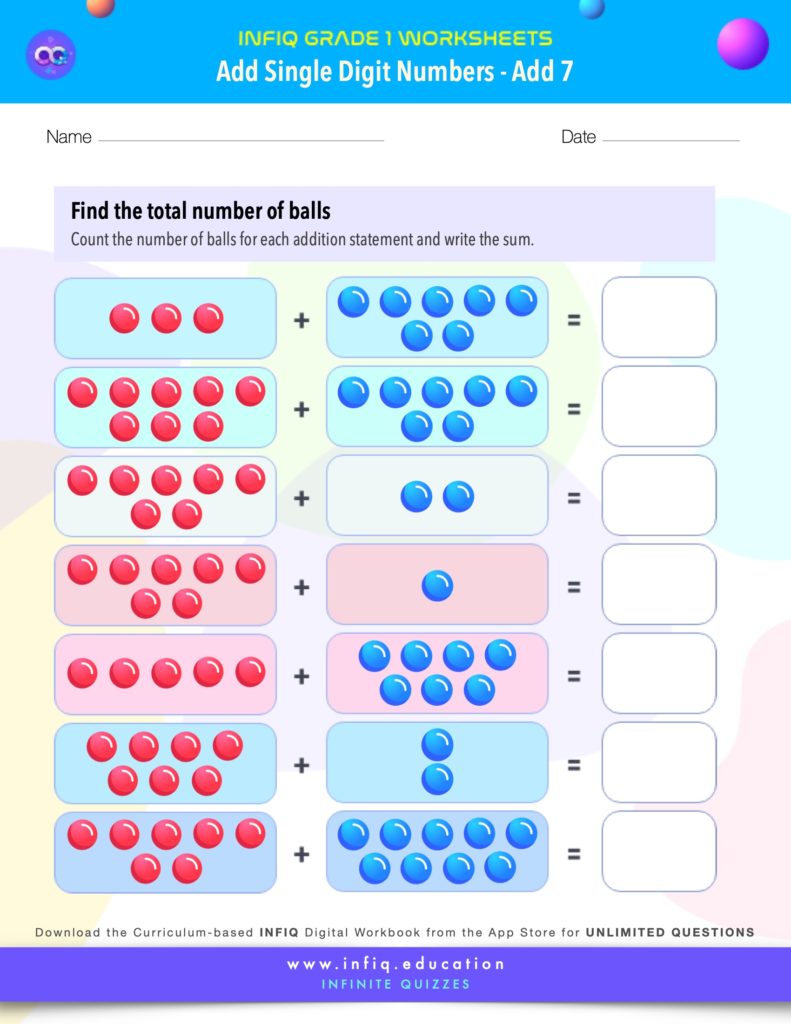 Grade 1 Math Worksheets - Add Single Digit Numbers - Add 7