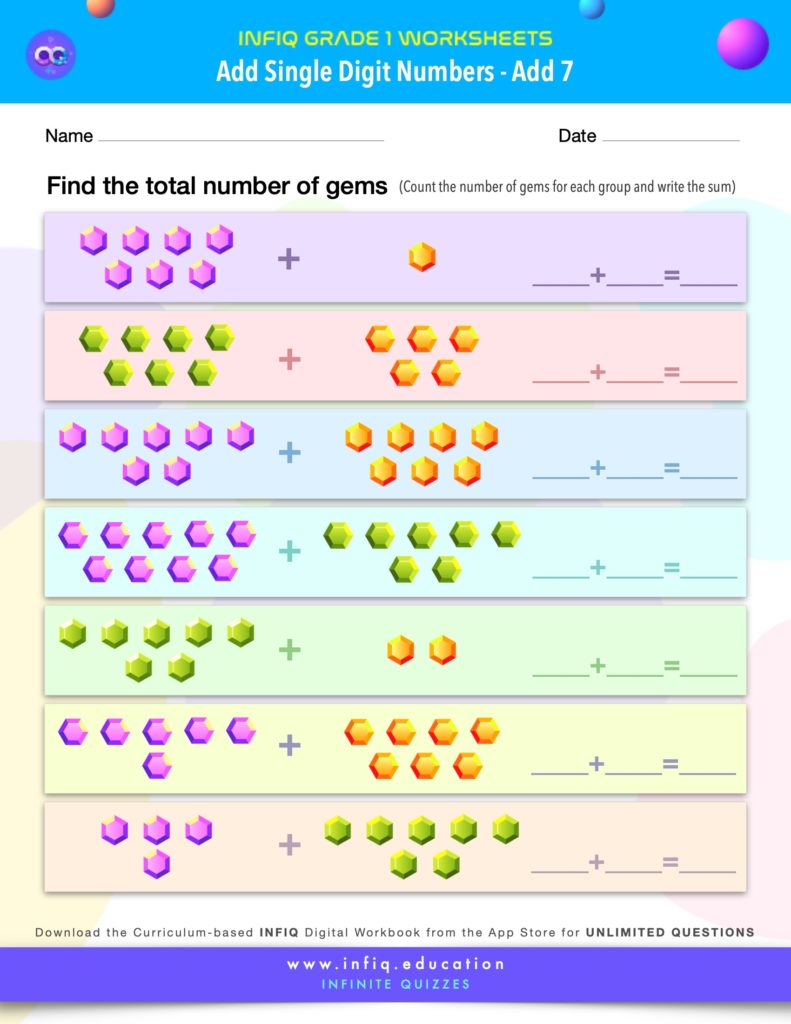 Grade 1 Math Worksheets - Add Single Digit Numbers - Add 7