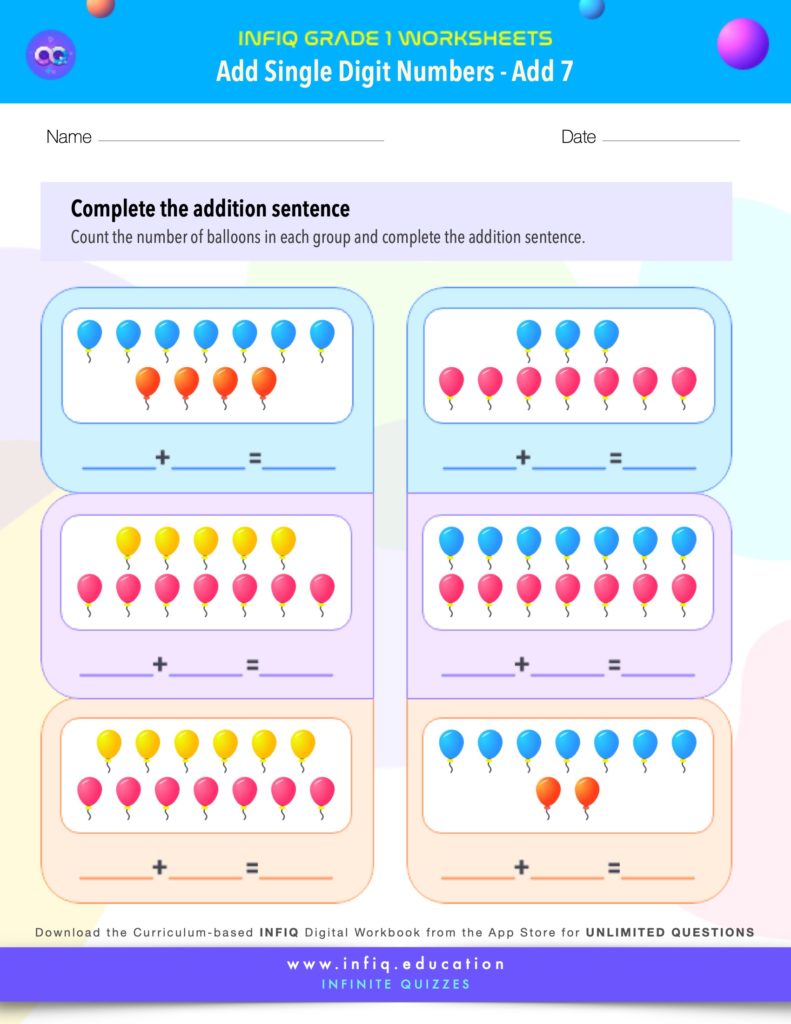 Grade 1 Math Worksheets - Add Single Digit Numbers - Add 7