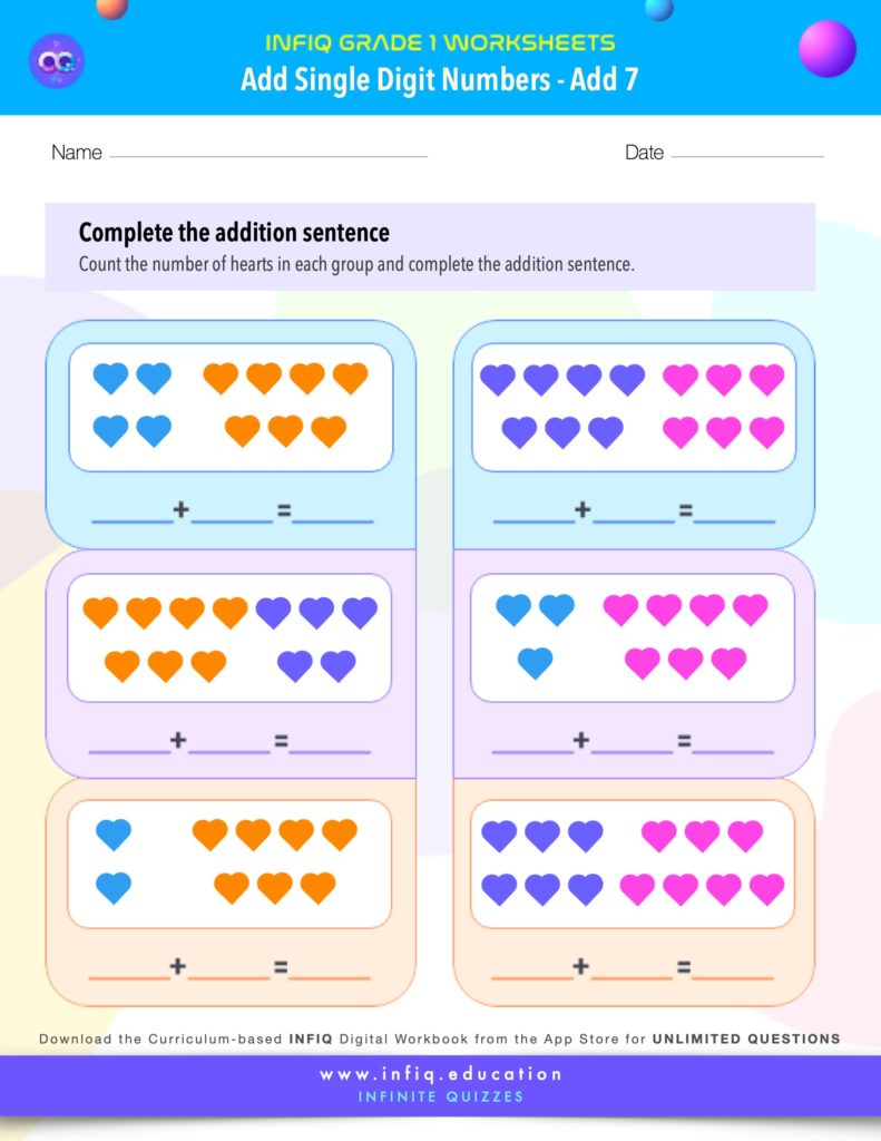 Grade 1 Math Worksheets - Add Single Digit Numbers - Add 7