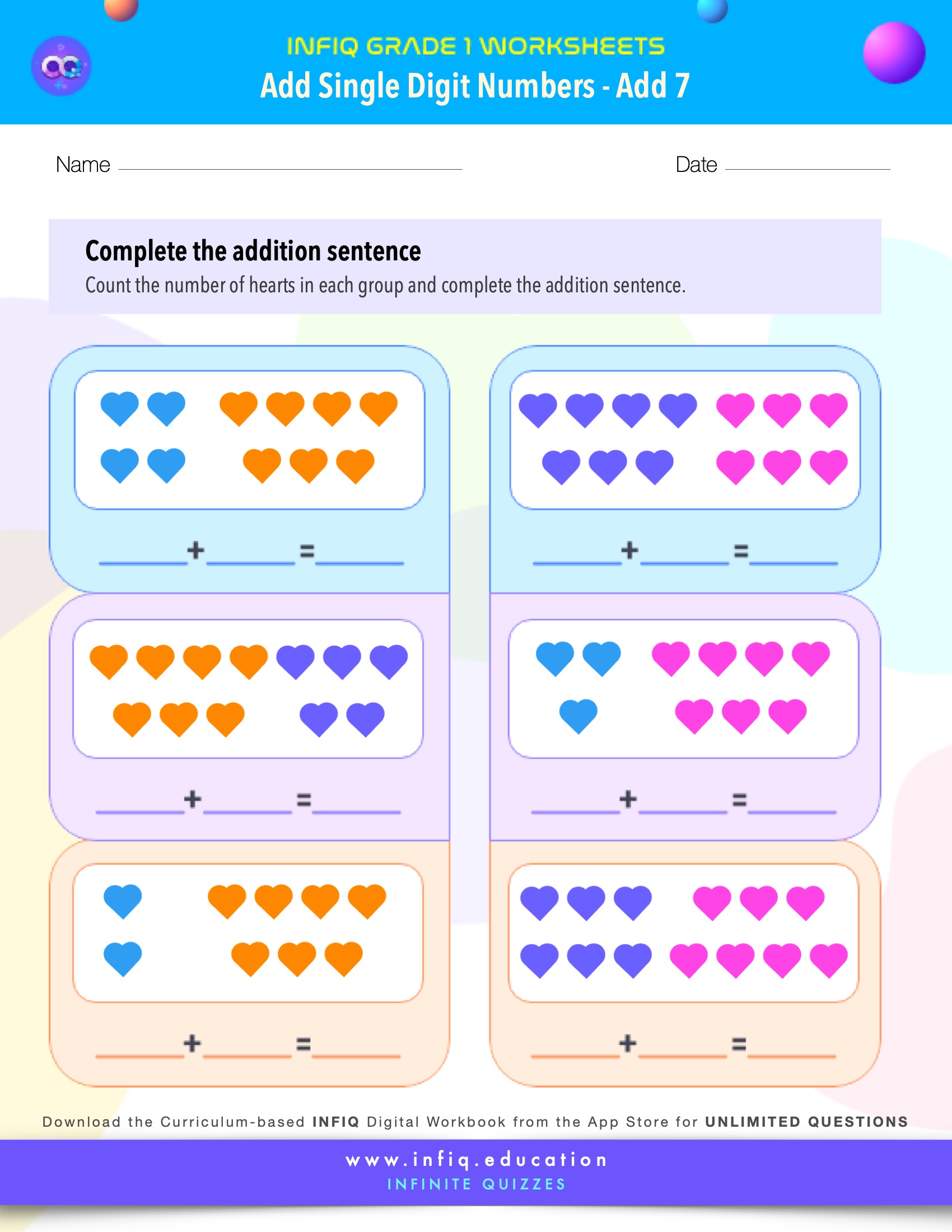 Grade 1 Math Worksheets - Add Single Digit Numbers - Add 7