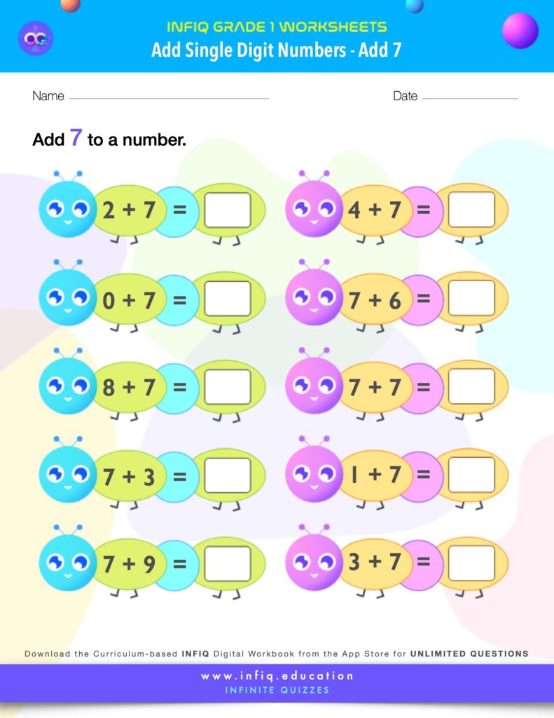 Grade 1 Math Worksheets - Add Single Digit Numbers - Add 7