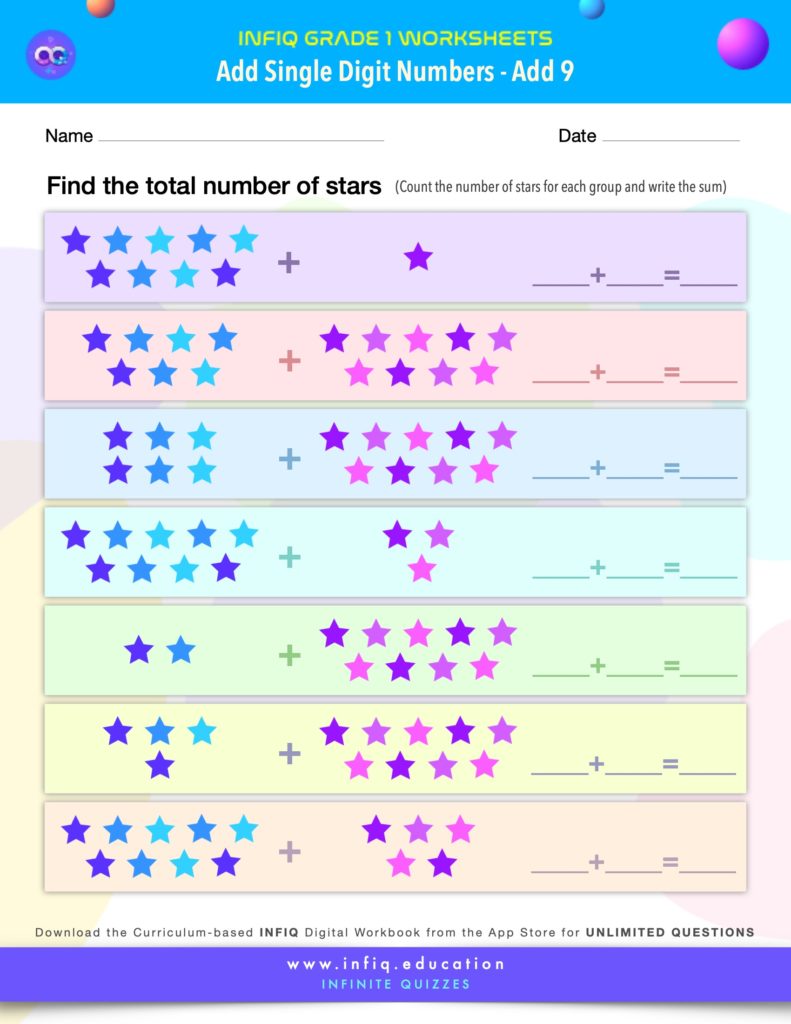 Grade 1 Math Worksheets - Add Single Digit Numbers - Add 9