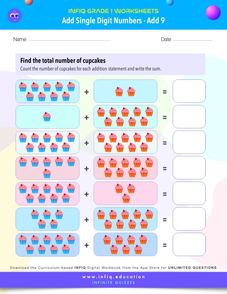 Grade 1 Math Worksheets - Add Single Digit Numbers - Add 9
