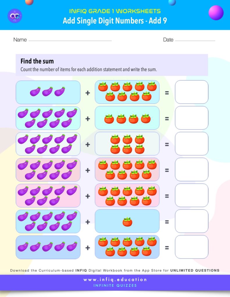Grade 1 Math Worksheets - Add Single Digit Numbers - Add 9