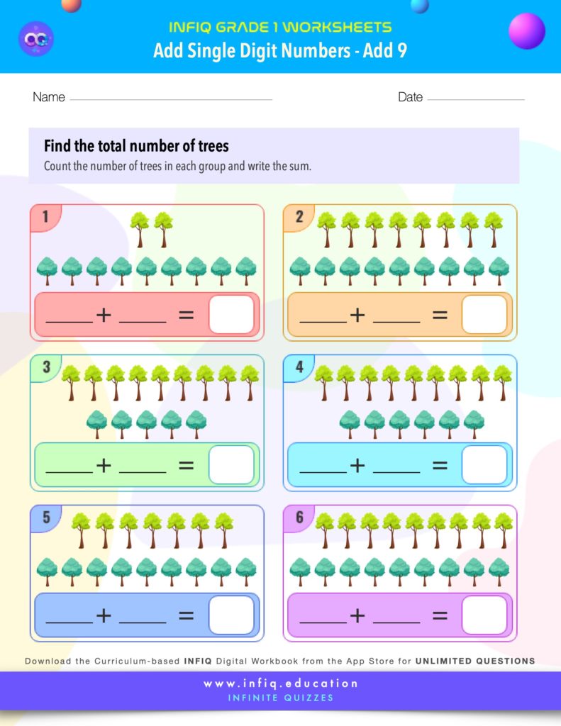 Grade 1 Math Worksheets - Add Single Digit Numbers - Add 9