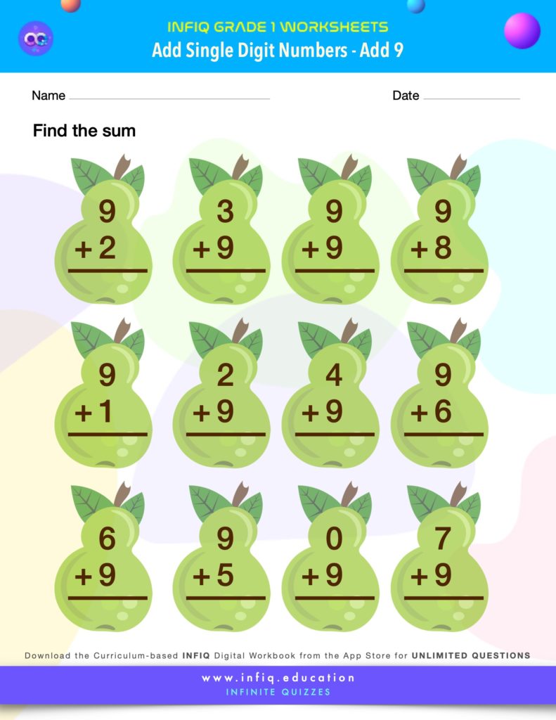 Grade 1 Math Worksheets - Add Single Digit Numbers - Add 9