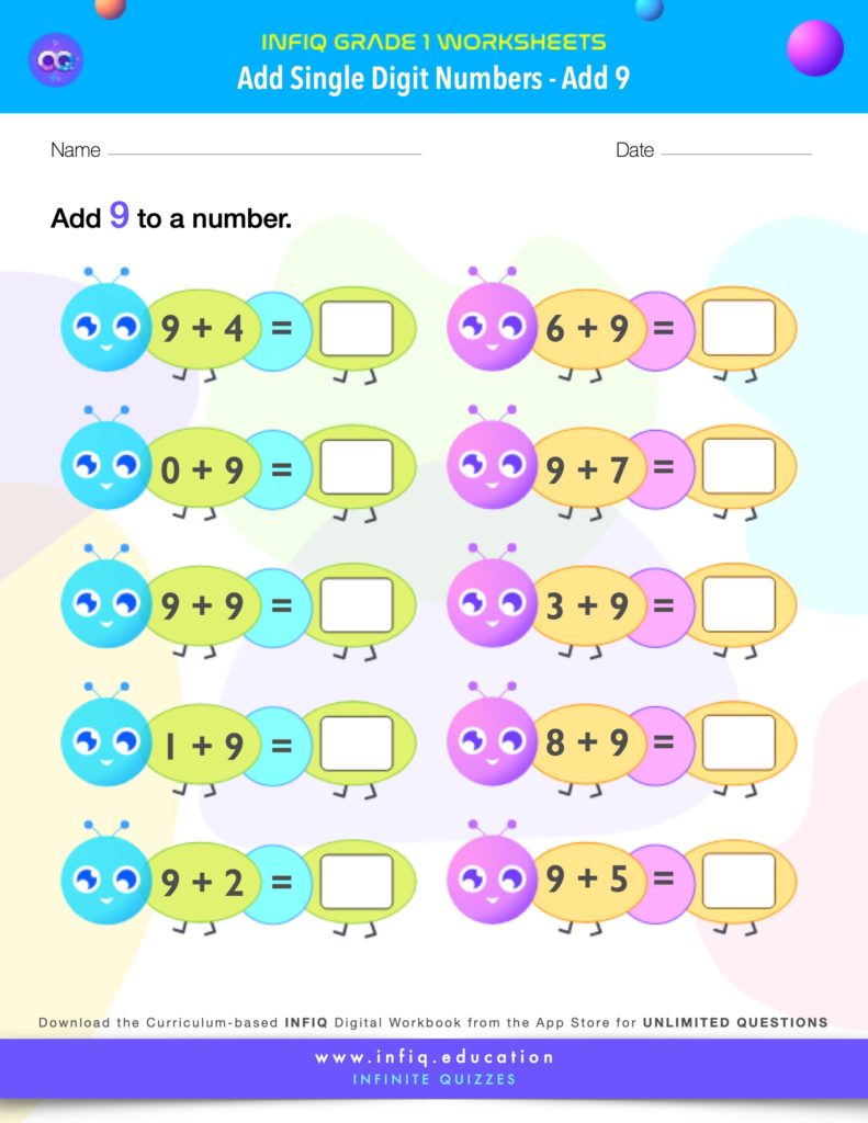 Grade 1 Math Worksheets - Add Single Digit Numbers - Add 9