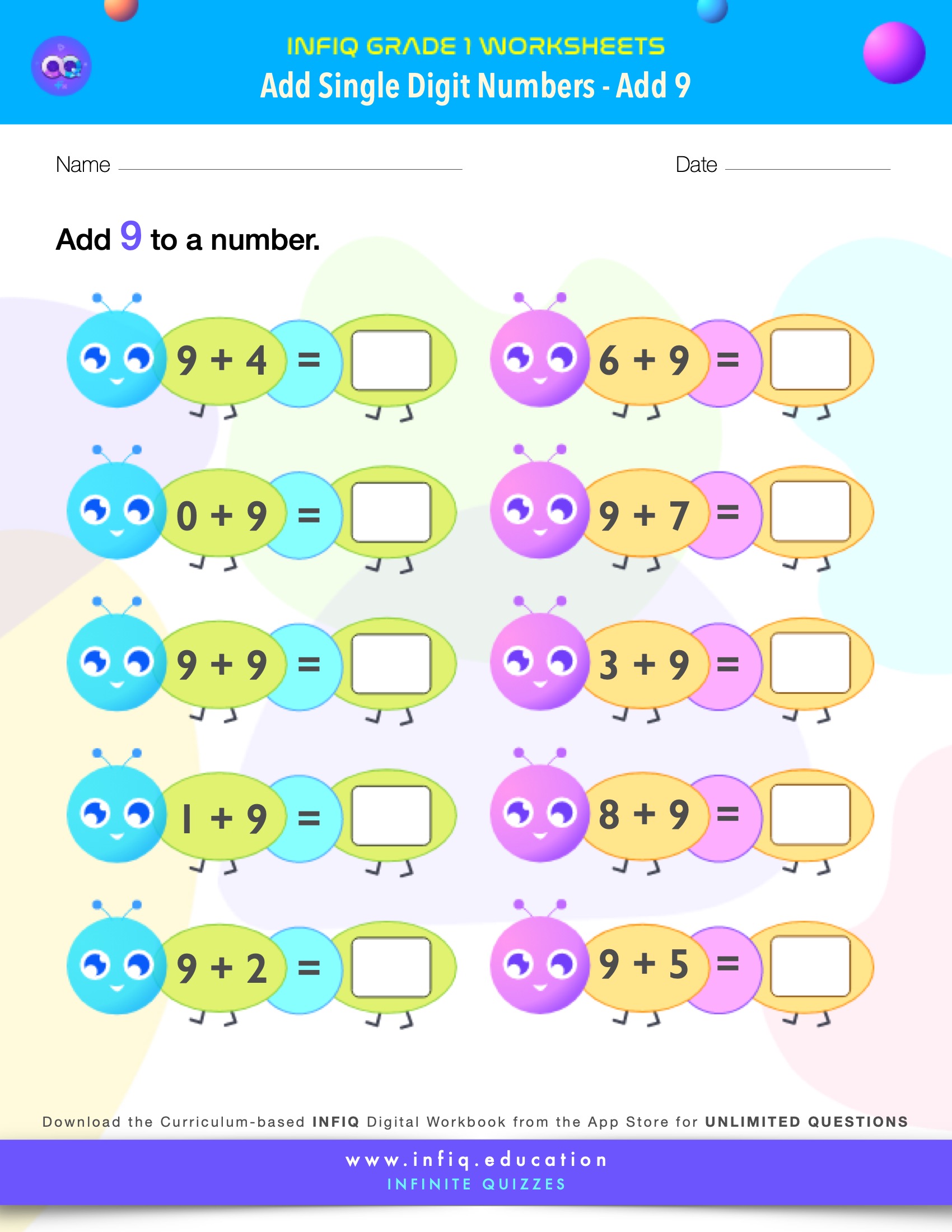 Grade 1 Math Worksheets - Add Single Digit Numbers - Add 9