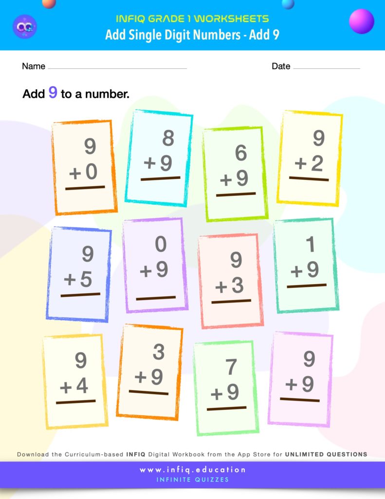 Grade 1 Math Worksheets - Add Single Digit Numbers - Add 9