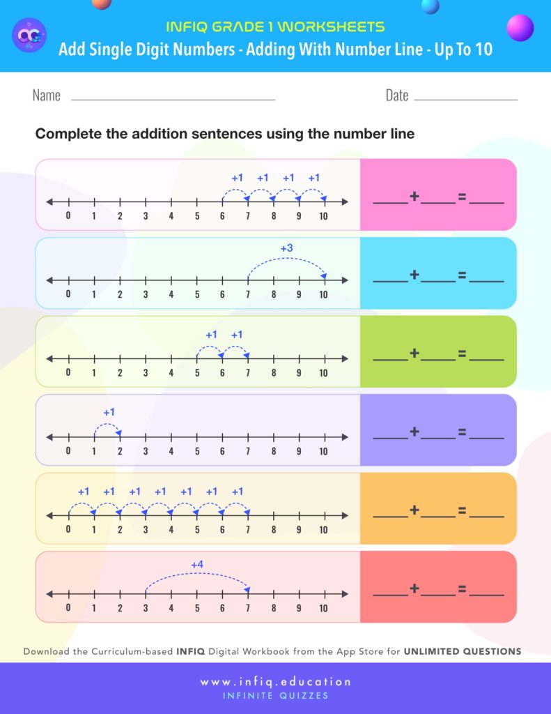 Grade 1 Math Worksheets - Add Single Digit Numbers - Add with number line (up to 10)