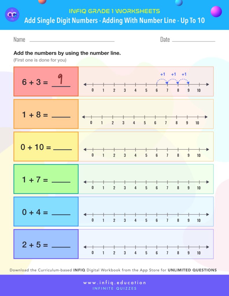 Grade 1 Math Worksheets - Add Single Digit Numbers - Add with number line (up to 10)