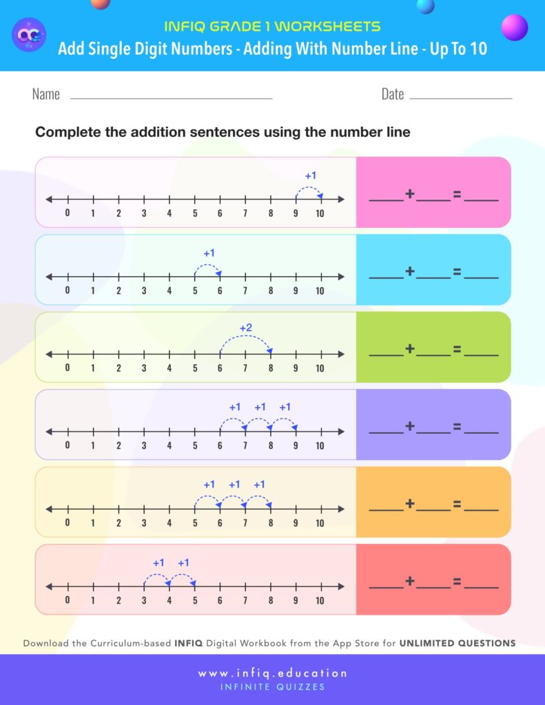 Grade 1 Math Worksheets - Add Single Digit Numbers - Add with number line (up to 10)
