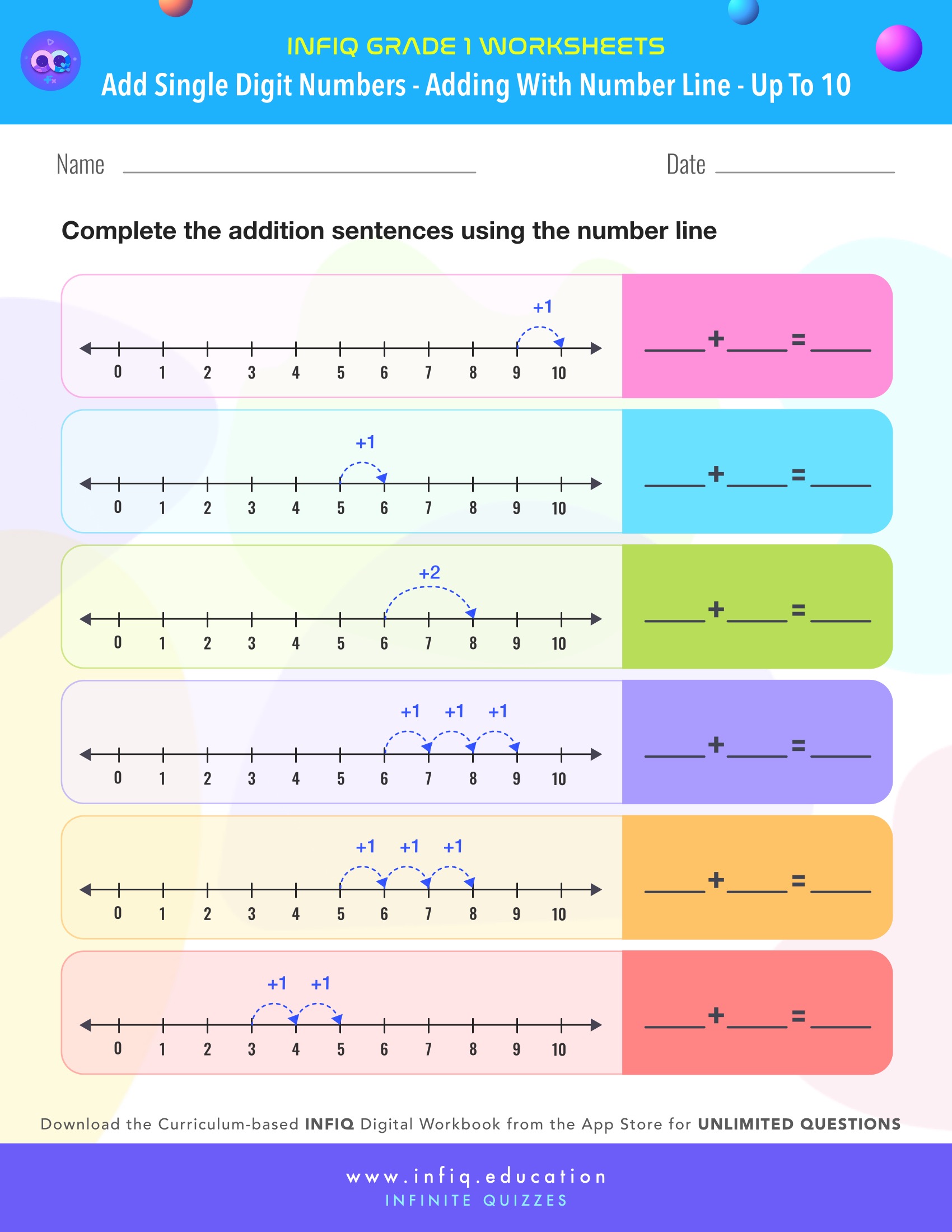 Grade 1 Math Worksheets - Add Single Digit Numbers - Add with number line (up to 10)