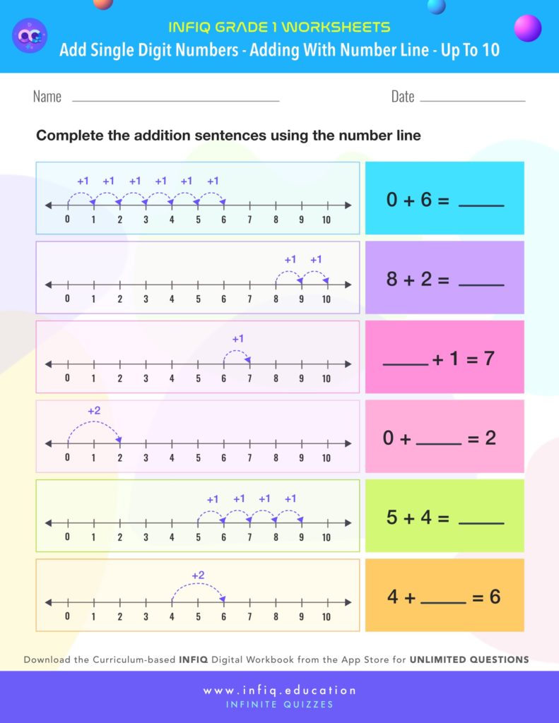 Grade 1 Math Worksheets - Add Single Digit Numbers - Add with number line (up to 10)