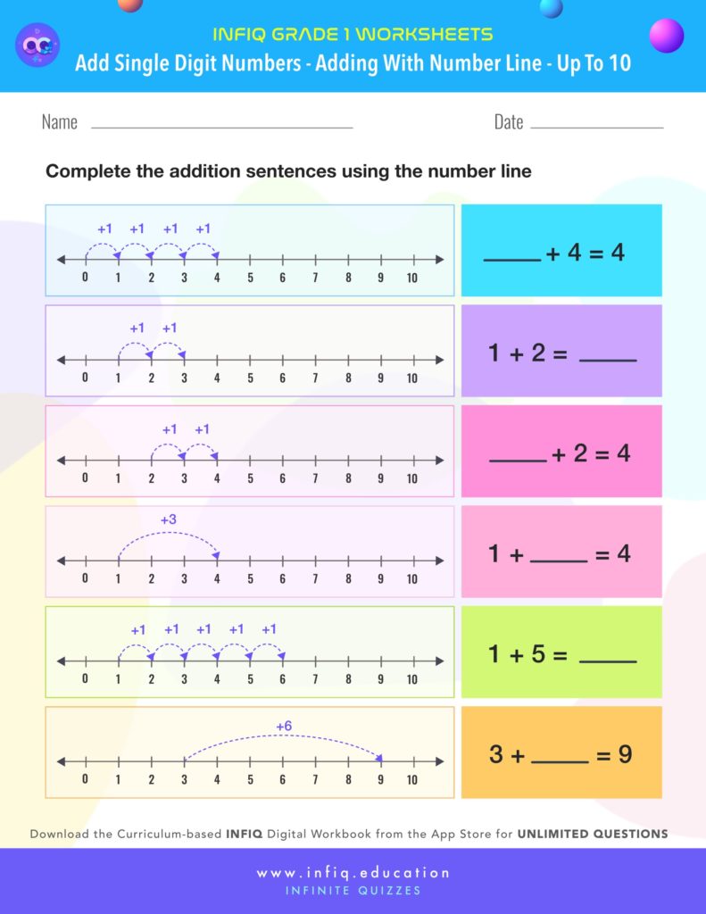 Grade 1 Math Worksheets - Add Single Digit Numbers - Add with number line (up to 10)