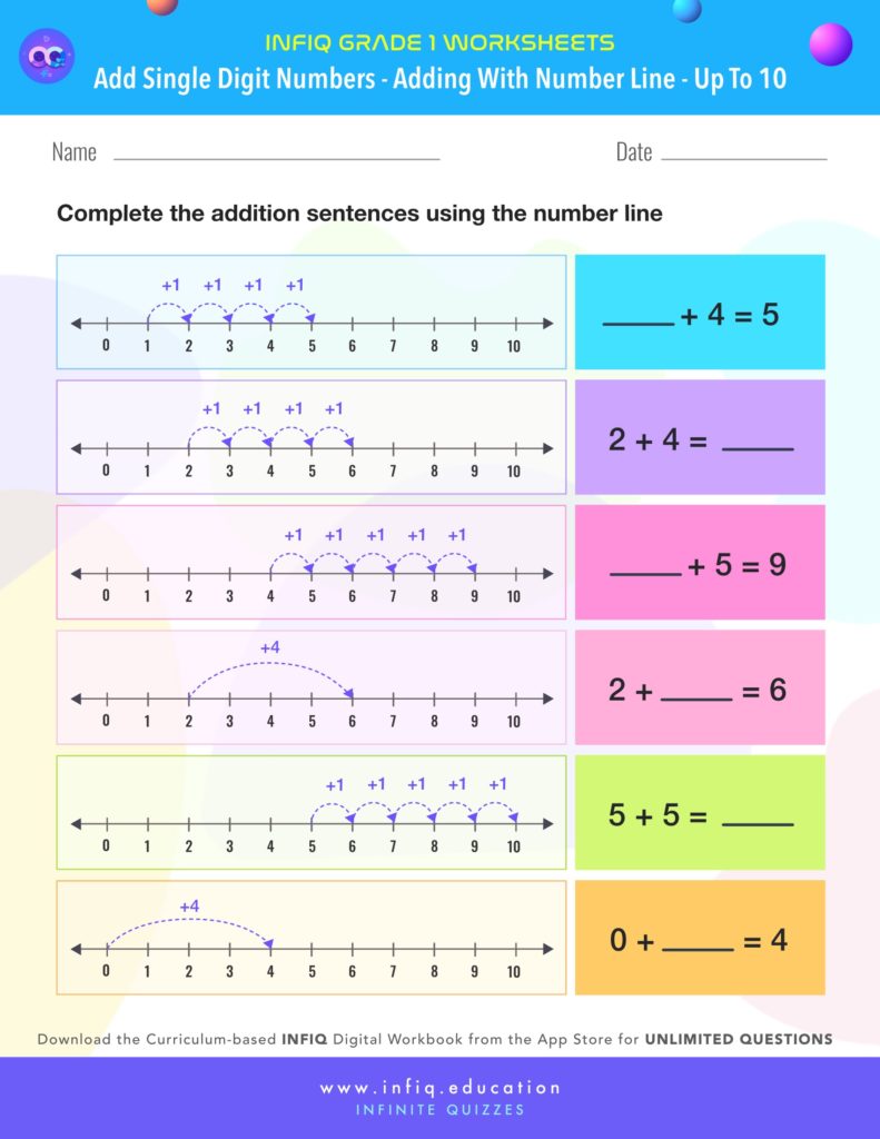 Grade 1 Math Worksheets - Add Single Digit Numbers - Add with number line (up to 10)