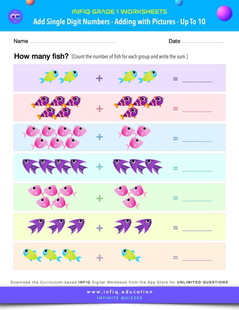 Grade 1 Math Worksheets - Add Single Digit Numbers - Adding with Pictures