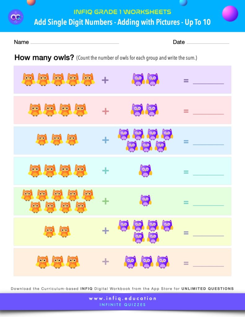 Grade 1 Math Worksheets - Add Single Digit Numbers - Adding with Pictures
