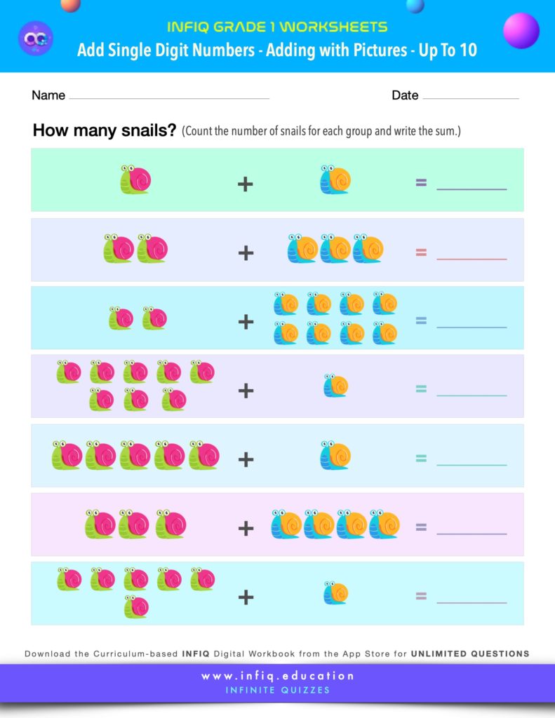 Grade 1 Math Worksheets - Add Single Digit Numbers - Adding with Pictures