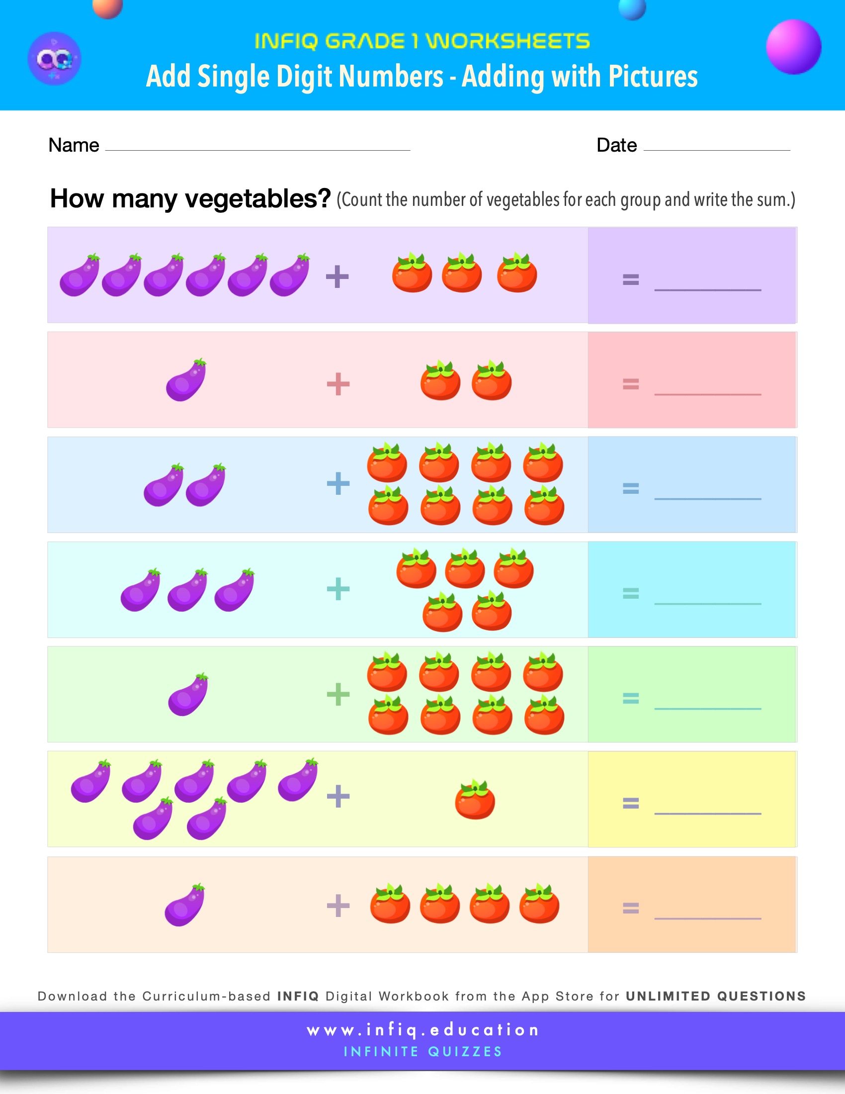 Grade 1 Math Worksheets - Add Single Digit Numbers - Adding with Pictures